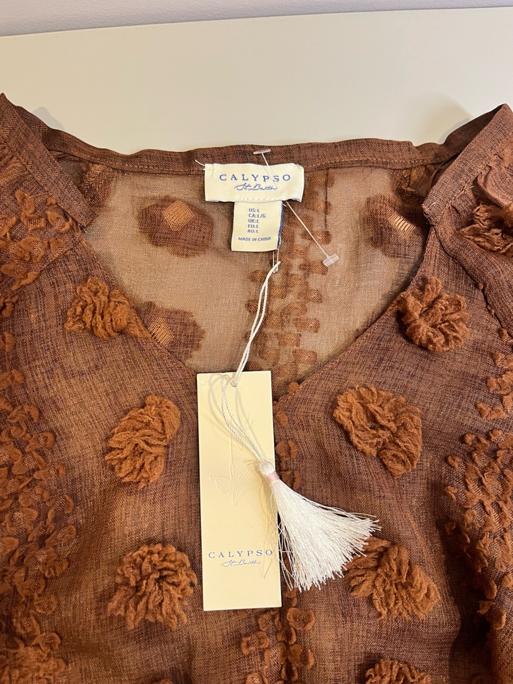 NWT Calypso St. Barth Brown Pom-Pom Textured V-Neck Blouse- large - Picture 5 of 6